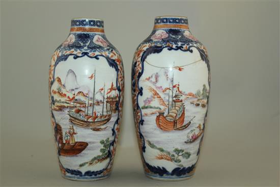 A pair of Chinese export famille rose ovoid vases, late Qianlong period, 21cm, faults